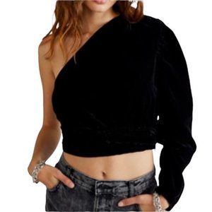 Free People Tell Me About It One-Shoulder Velvet Top, Black NWT